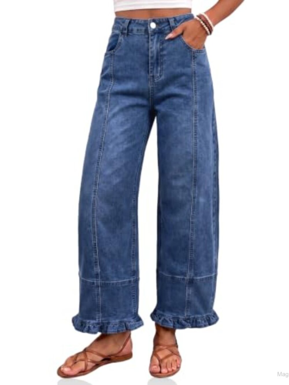 High Waisted Wide Leg Ruffle Hem Jeans with Front Seam Denim